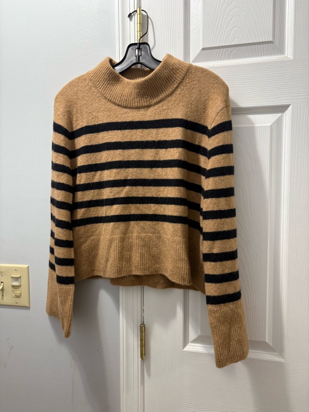 J Crew Striped Mockneck Sweater In Camel & Black Merino Wool/ Alpaca